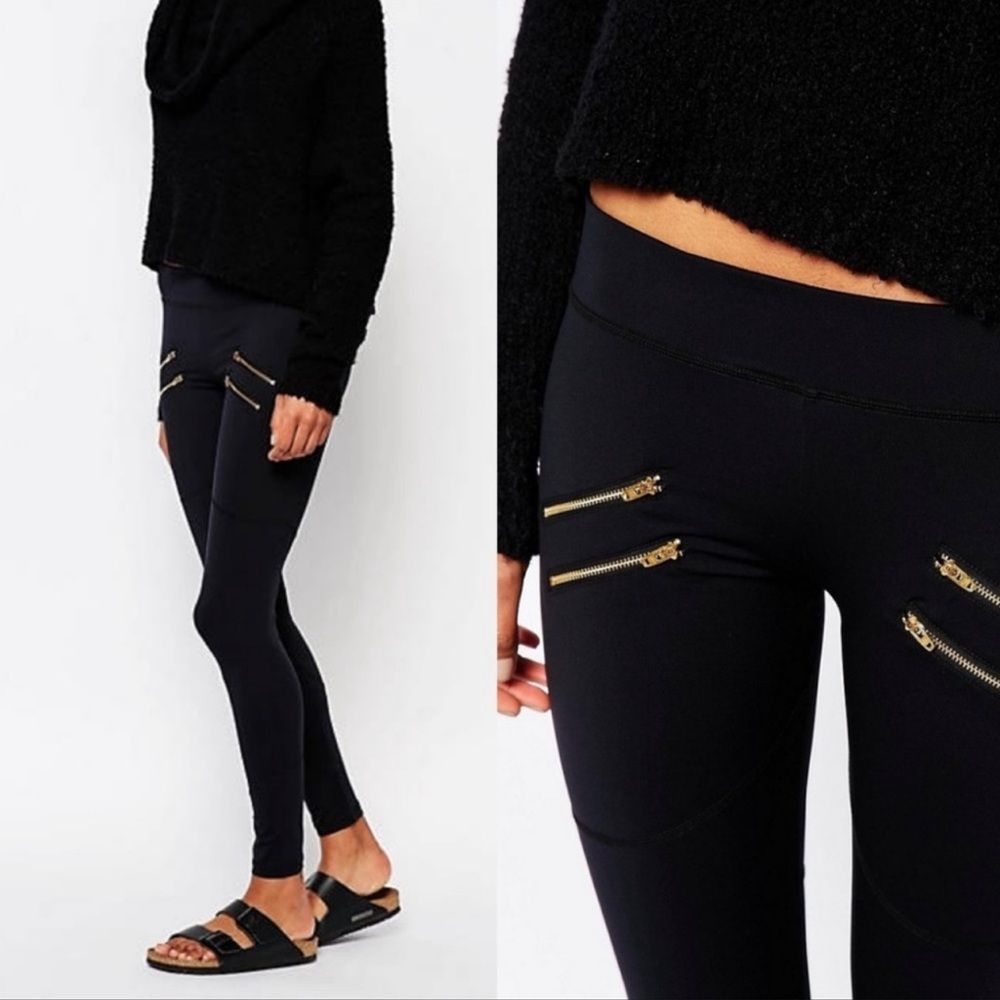 Varley Black Leggings with Gold Zipper Accents